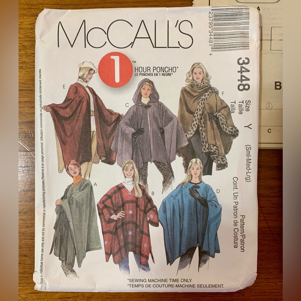 UNCUT FF McCall’s 3448, Y2K 2001, S-M-L, 1 Hour Poncho